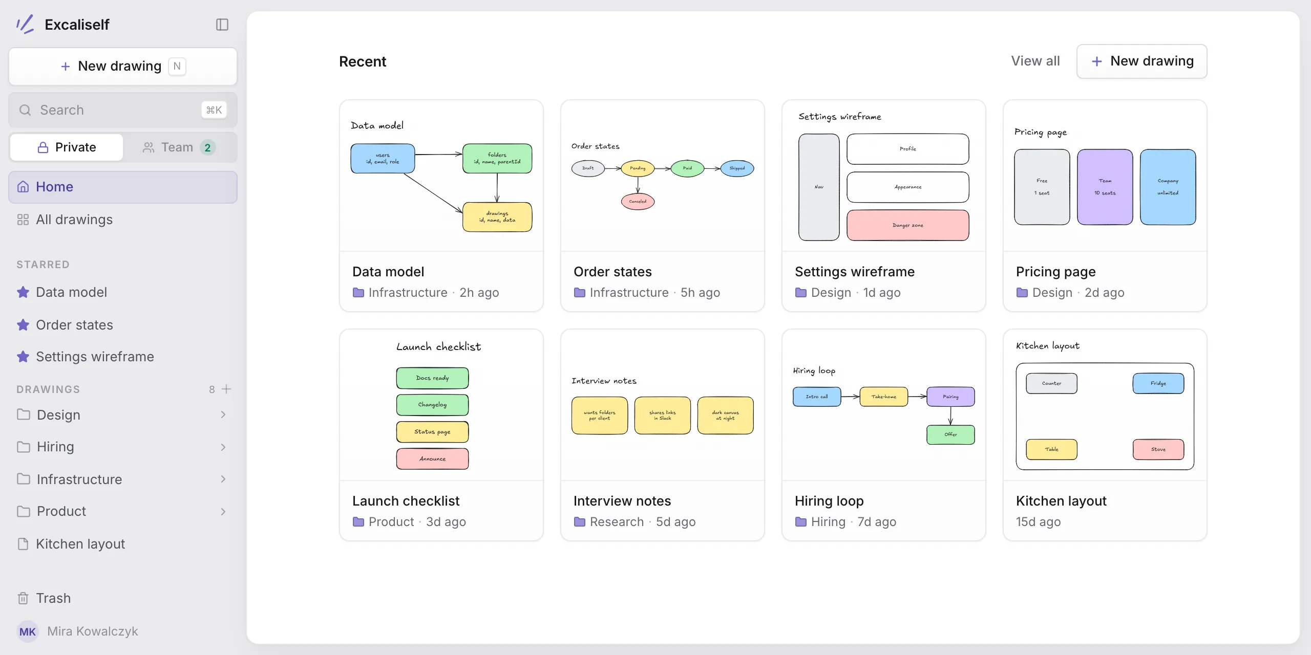 The Excaliself home screen: a sidebar with search, a Private and Team switch, starred drawings, folders and trash, next to a grid of recent drawing previews