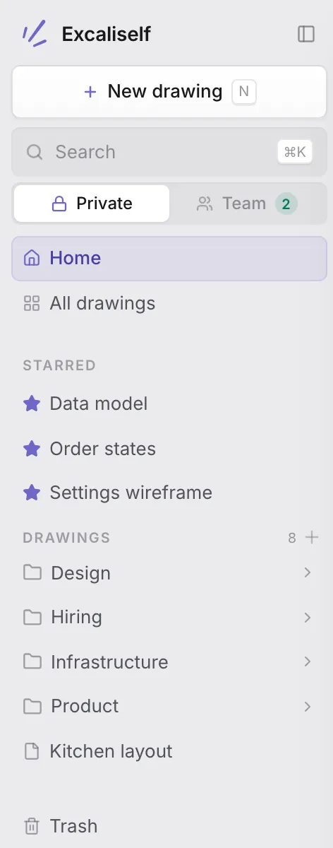 The Excaliself sidebar: New drawing, search, a Private and Team switch, starred drawings, folders and trash