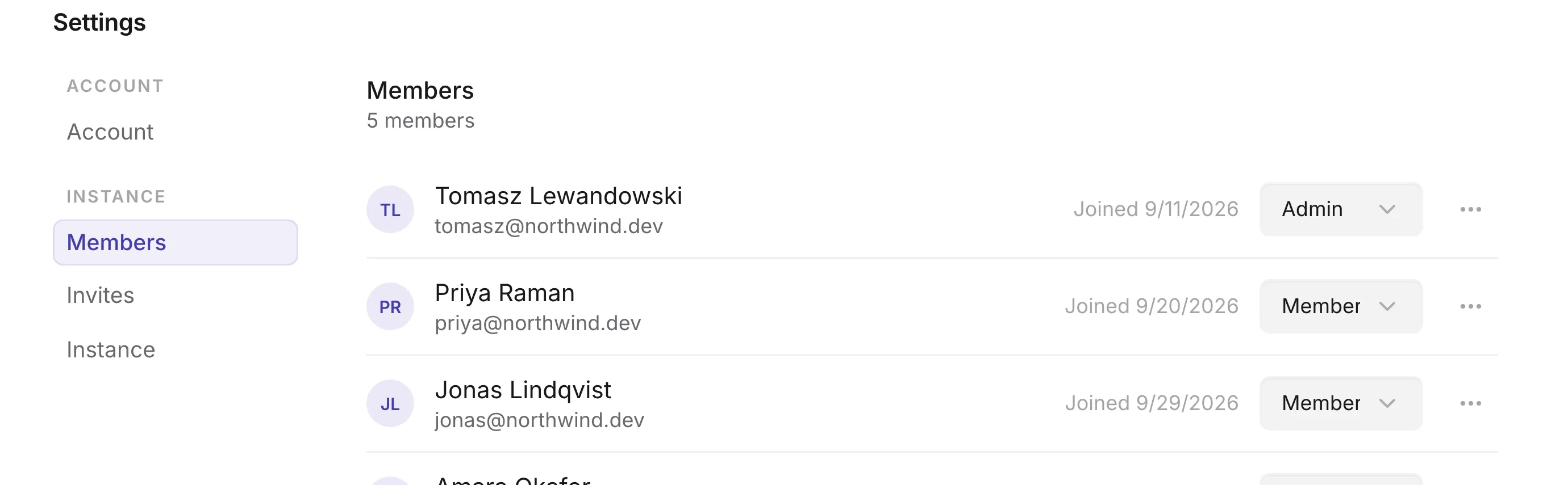 The members list in Settings with admin and member roles