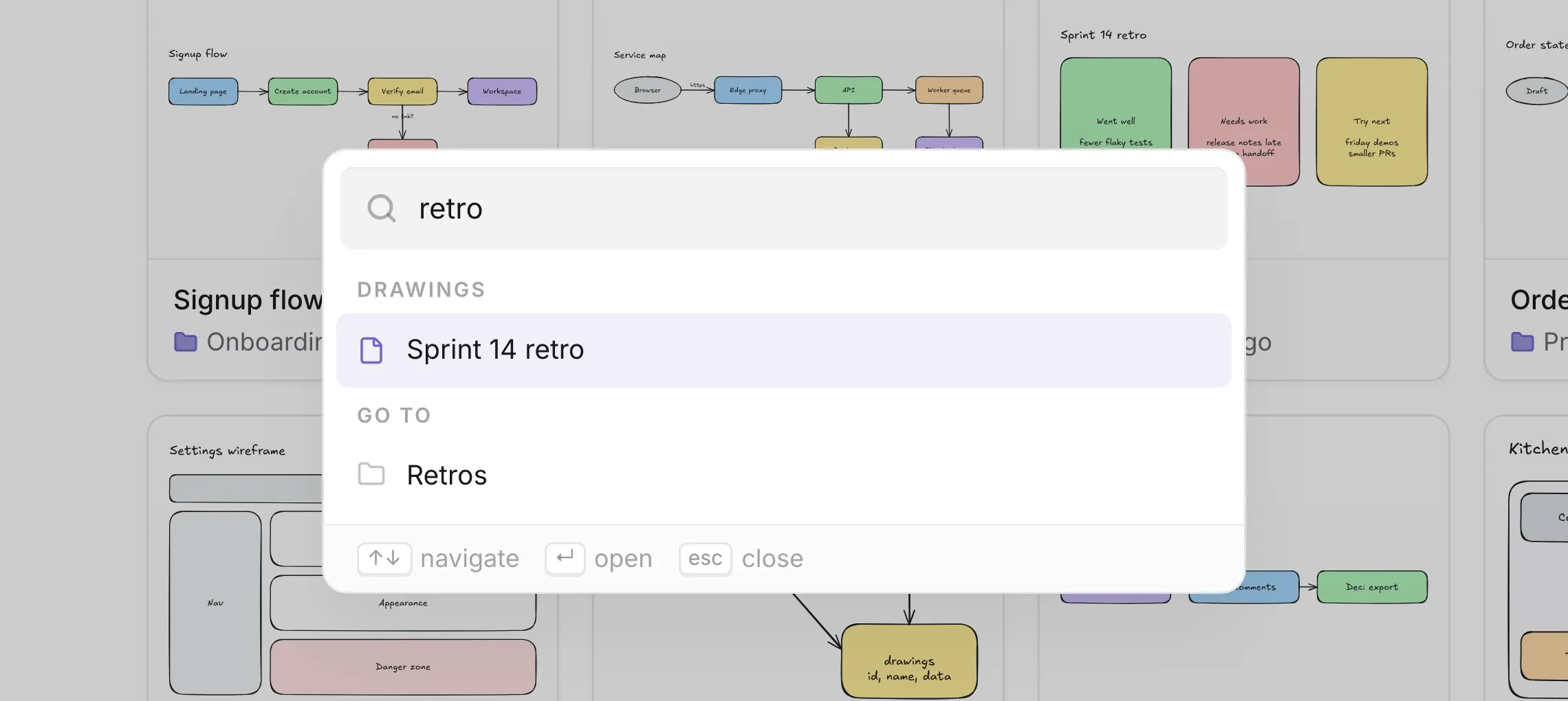 The command palette filtering drawings and folders by the word retro